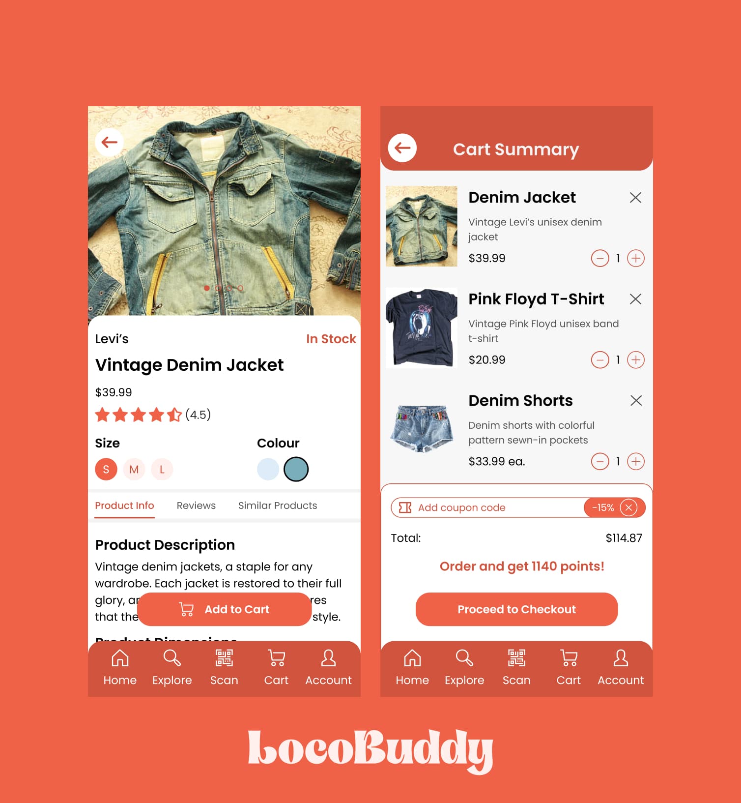 High fidelity wireframes of product page and cart page