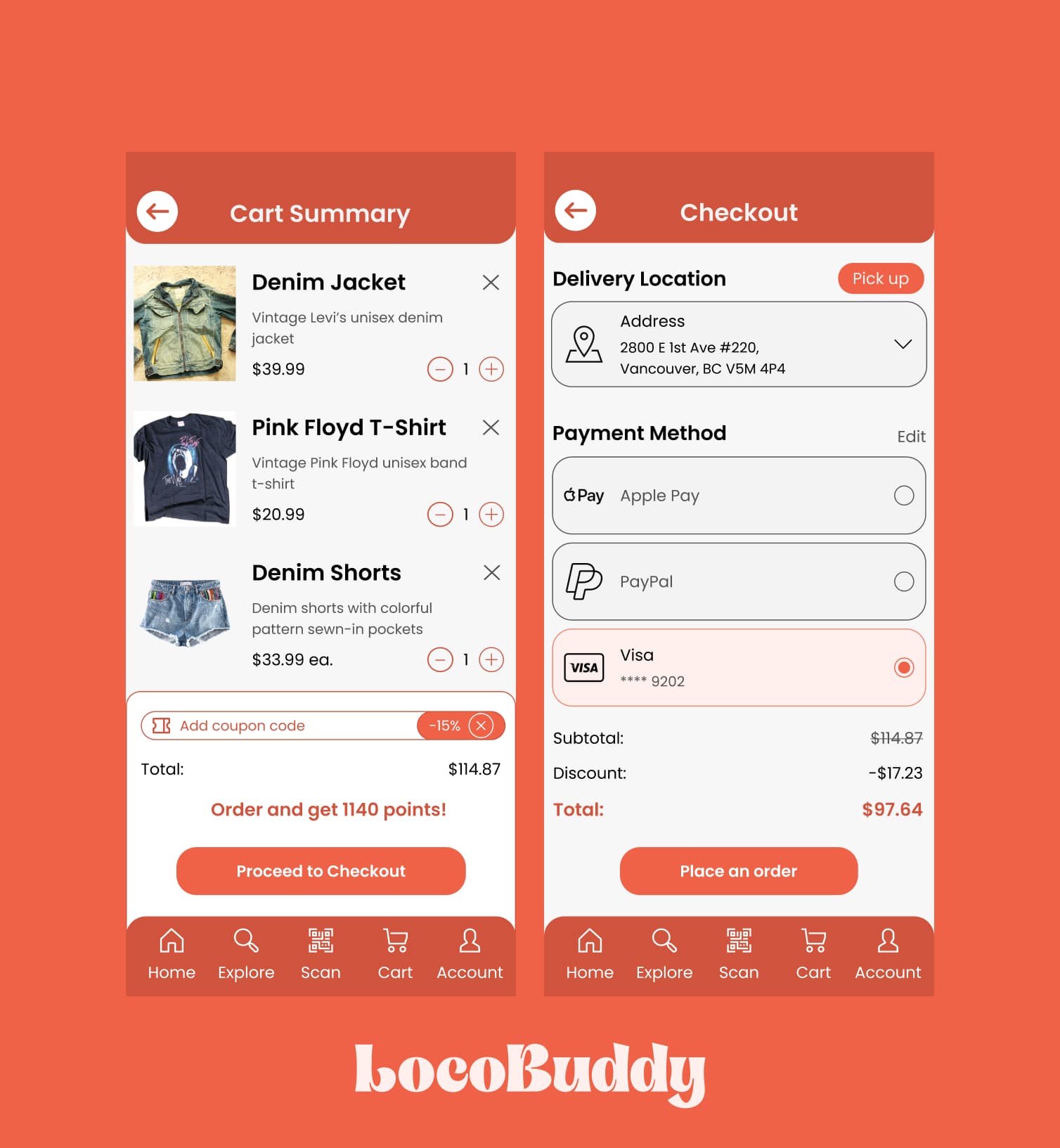 High fidelity wireframes of cart checkout