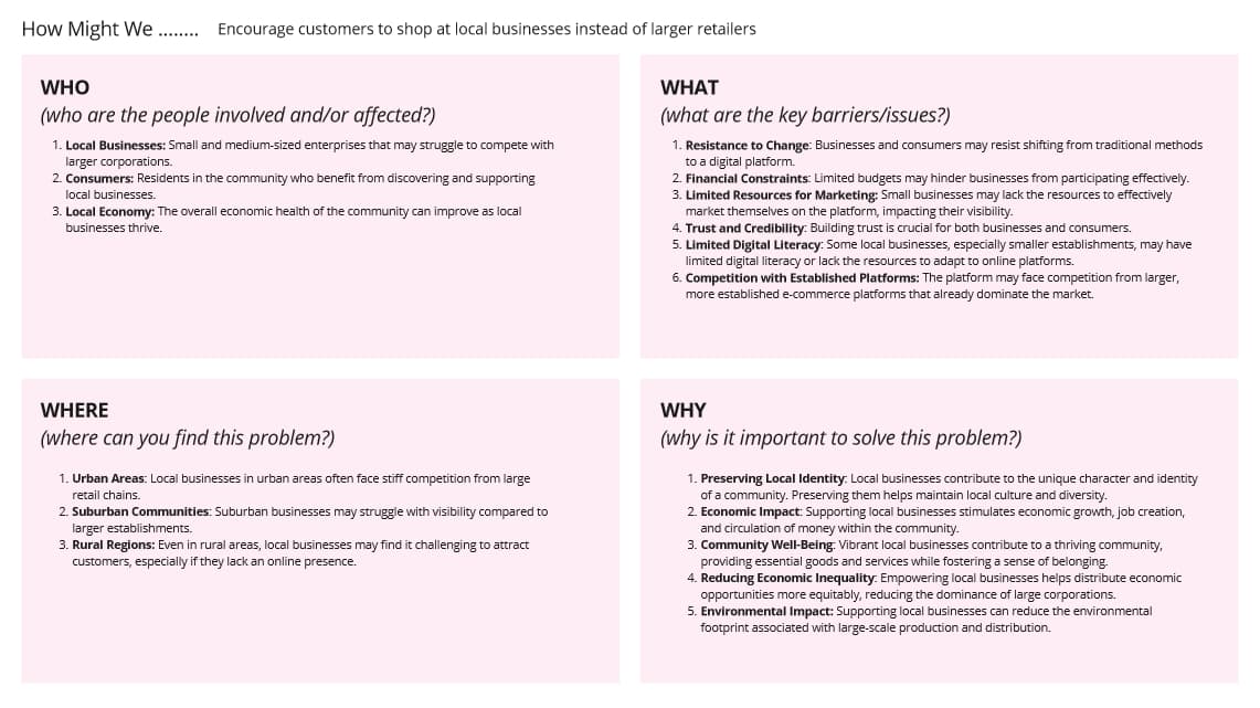 Brainstorming chart picture displaying the four W's (Who, What, Where, Why)